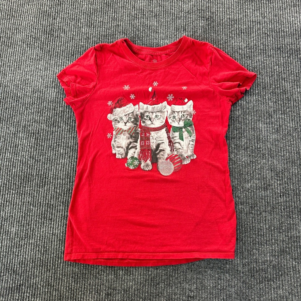 Faded Glory Girls Christmas Kittens Graphic Tee S 6-6x Red Holiday Cotton Blend